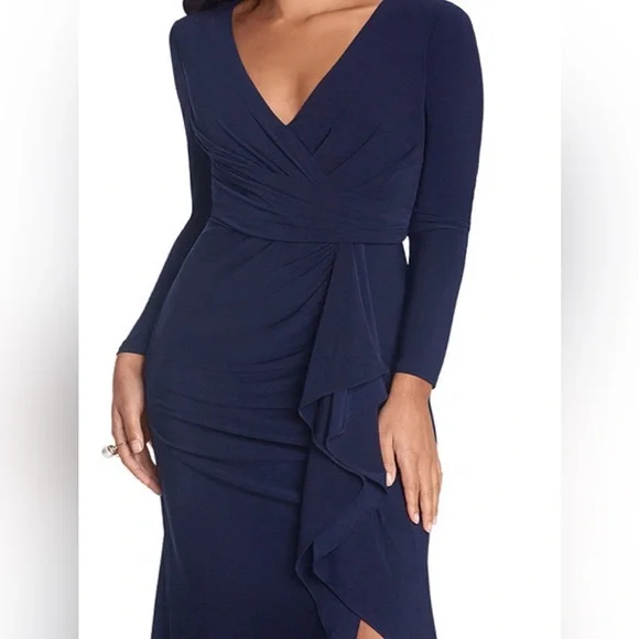 New Betsy & Adam Navy  "Elle" Long Sleeve Side Ruffled Slit Gown Size 14 - Picture 9 of 15